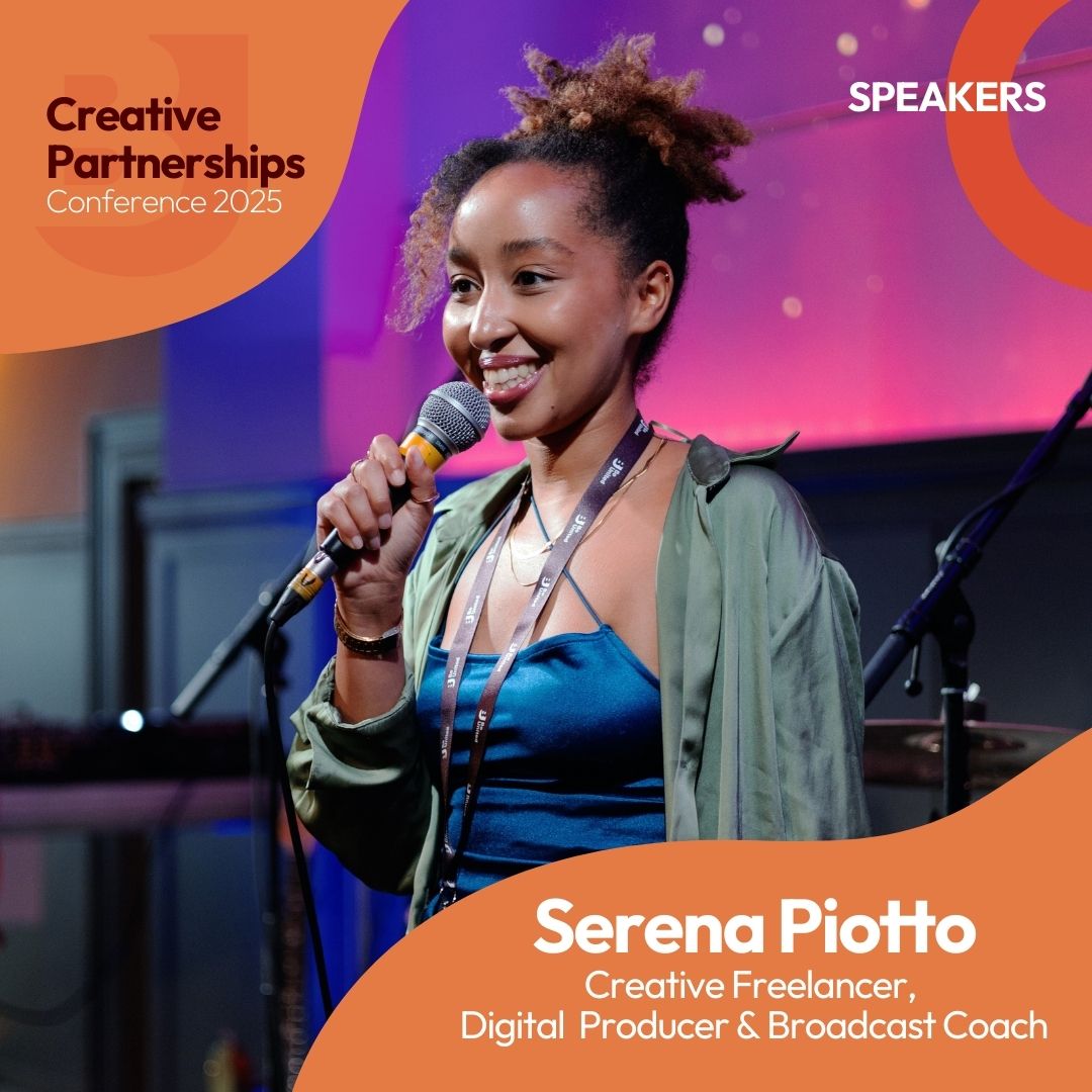 An image of a Black woman with curly hair, standing on stage and holding a mic, smiling. She is wearing a Green blouse and a blue satin top underneath. There is a Be United event lanyard on her neck. Text reads: Creative Partnerships Conference 2025. Speakers. Serena Piotto. Creative Freelancer, Digital producer and Broadcast Coach.  